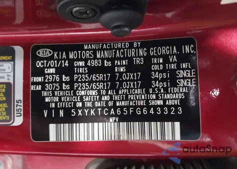 2015 Kia Sorento Lx из США, поврежденный, VIN 5XYKTCA65FG643323